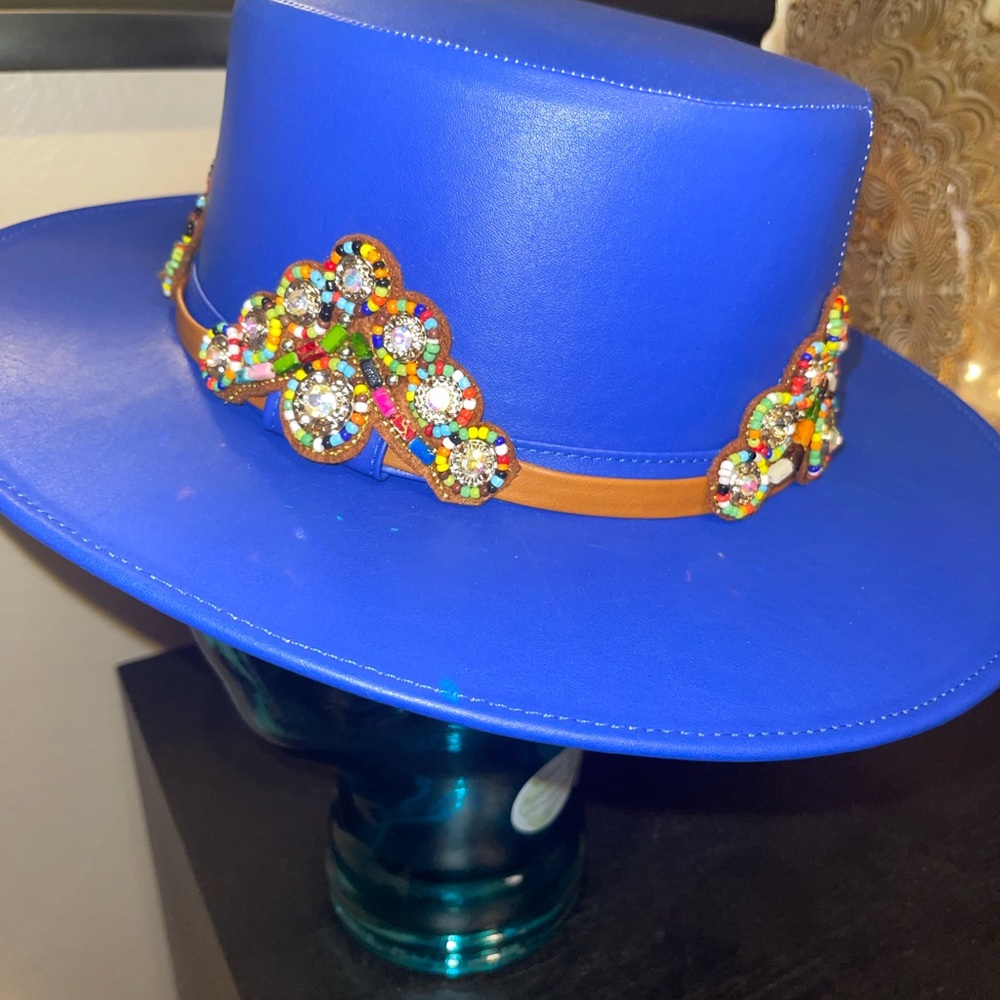 Leather look hat with bling & beads